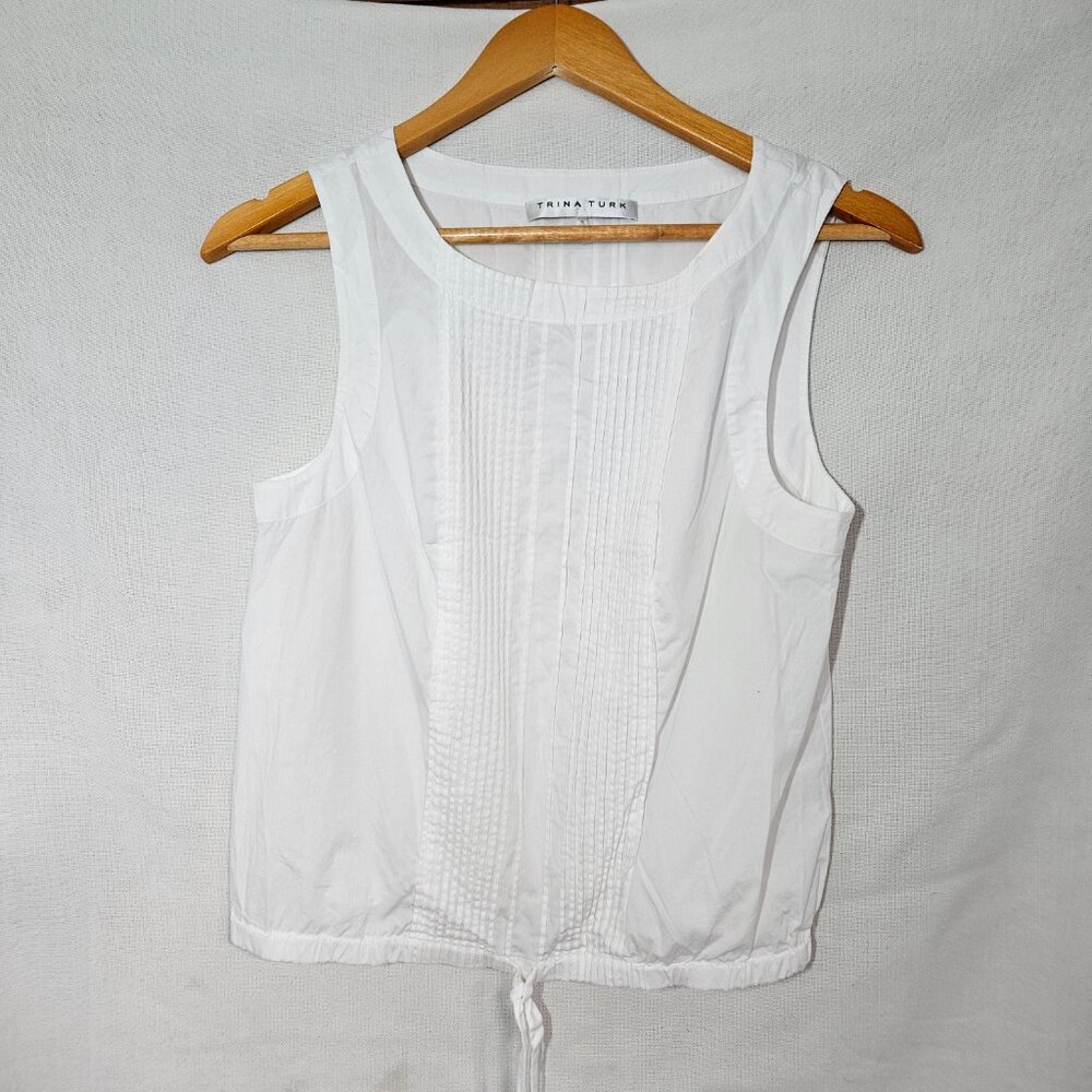 Trina Turk Woman's White 100% Cotton Pleated Tank with Sinched Drawstring Size S